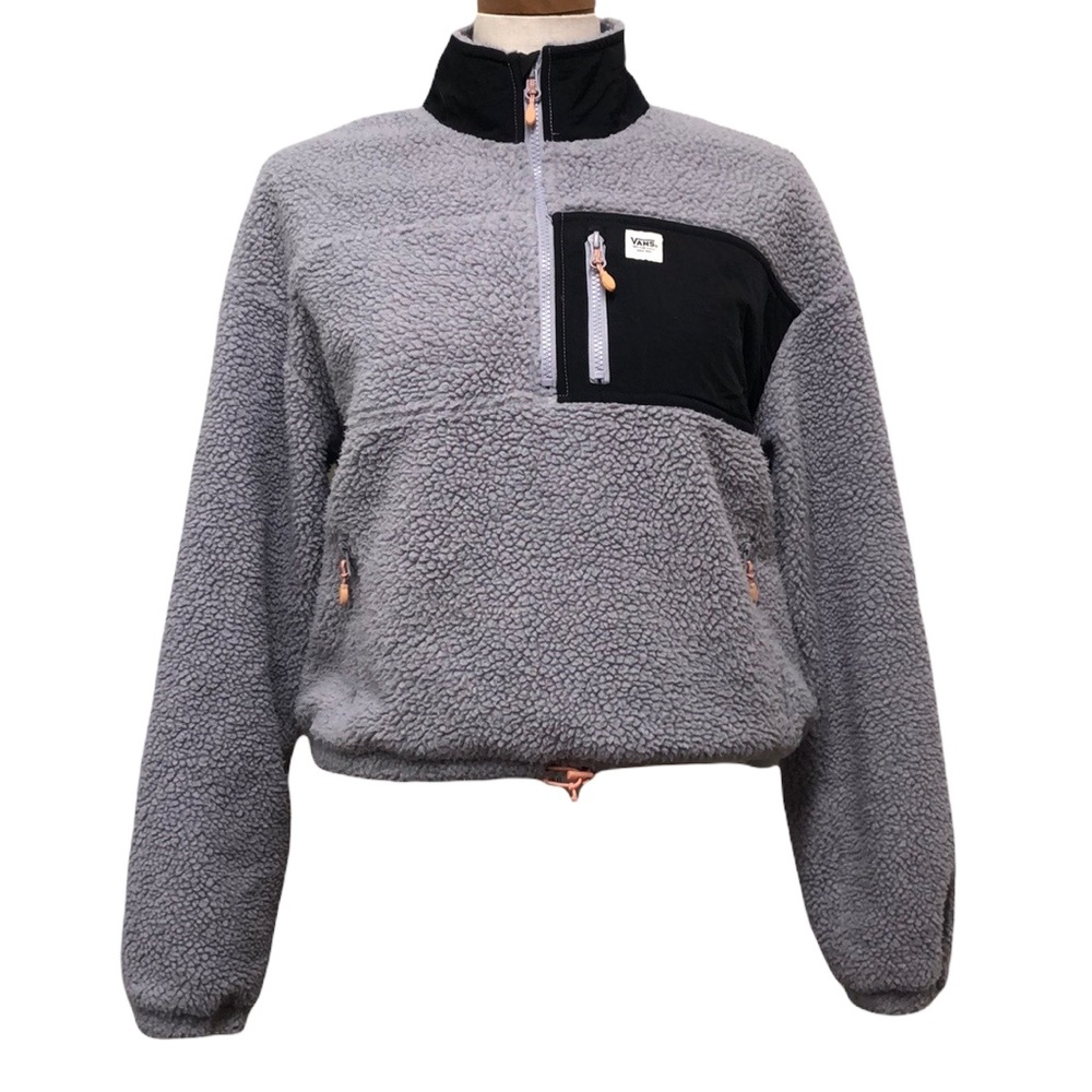 Vans Sherpa Shearling Teddy Cropped Drawstring Pullover Jacket Size Small Gray
